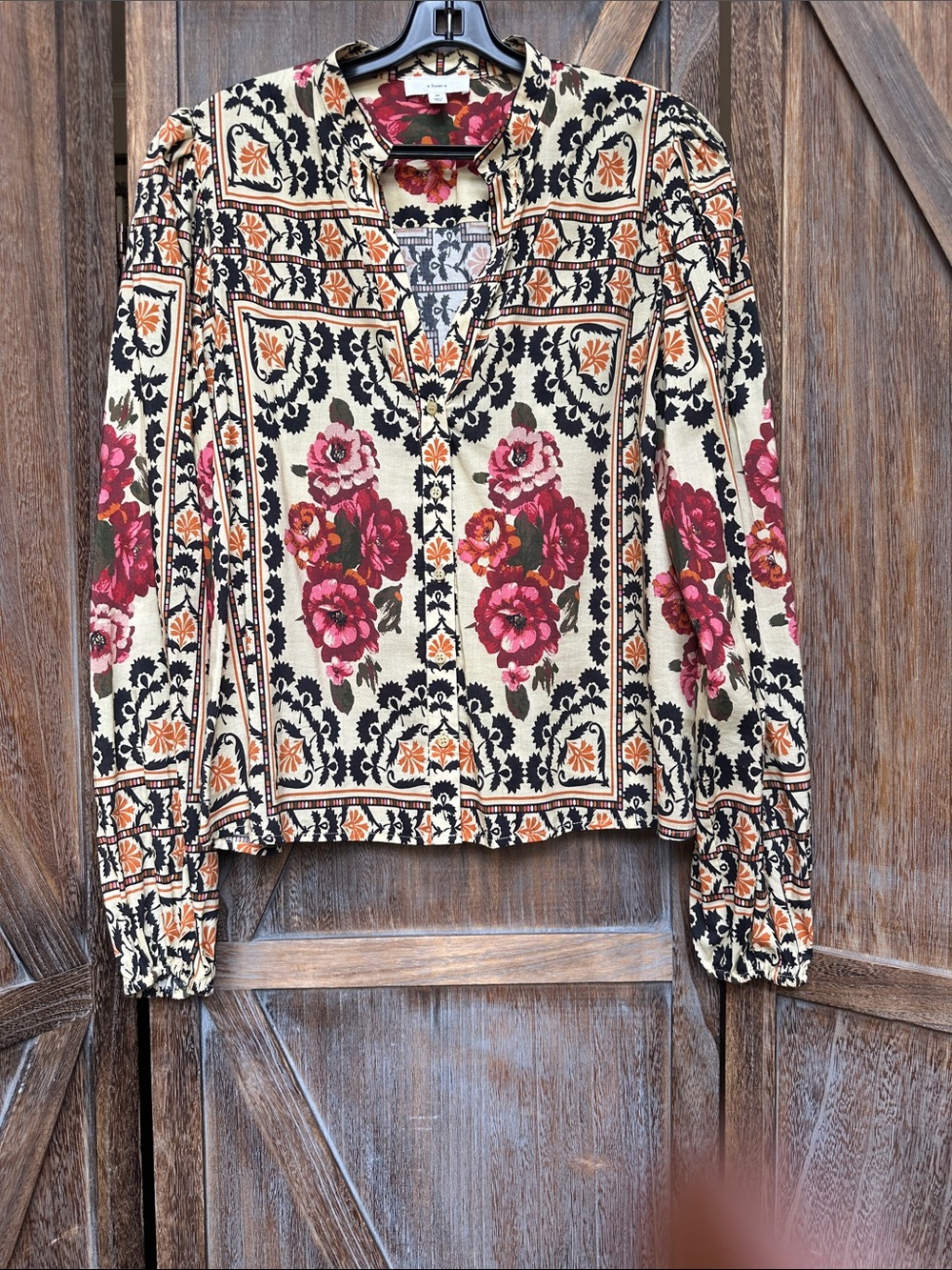 A Loves A Floral Print Button-Front Women’s Top - Cream with Pink Rose Accents